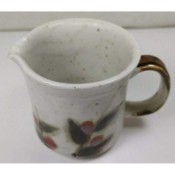 Hand Painted Leaf Round Shaped Speckled White Ceramic Coffee Mug Handle Creamer - Picture 3 of 9